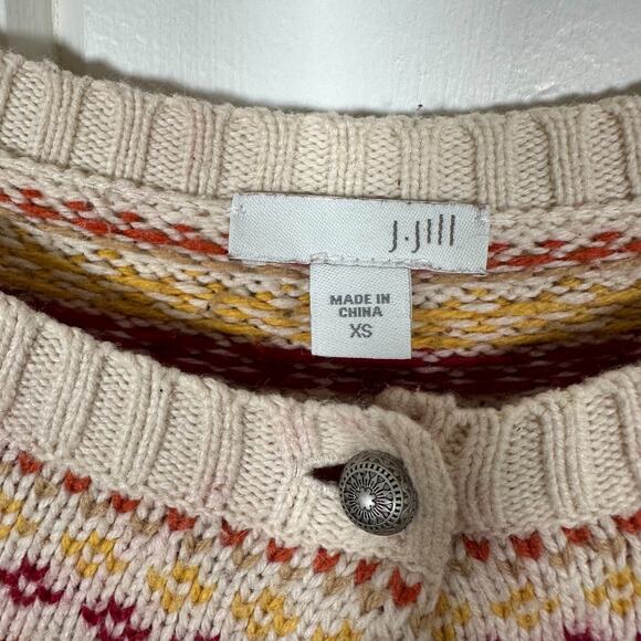 J Jill Cardigan Sweater XS Fair Isle Nordic Thanksgiving Brown Orange See Pics - Picture 8 of 8